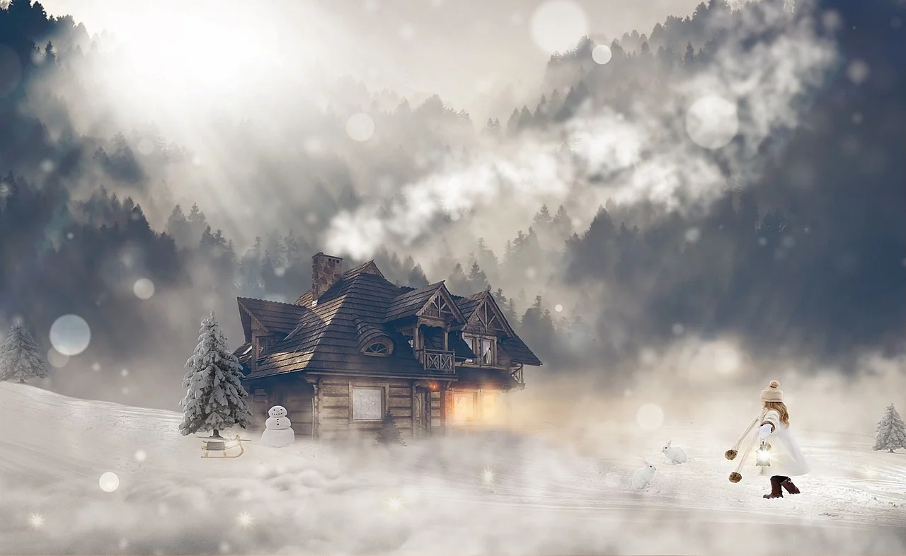 Drewniany domek nad jeziorem w zimowej scenerii, śnieg i mgła, spokojny wyjazd na Mazury
